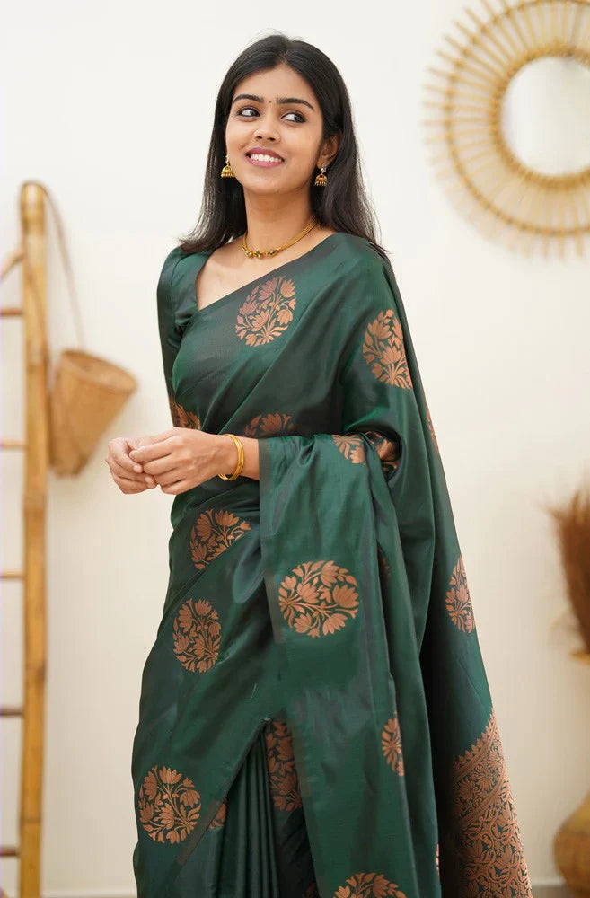 Radiant Dark Green Soft Silk Saree With Enchanting Blouse Piece