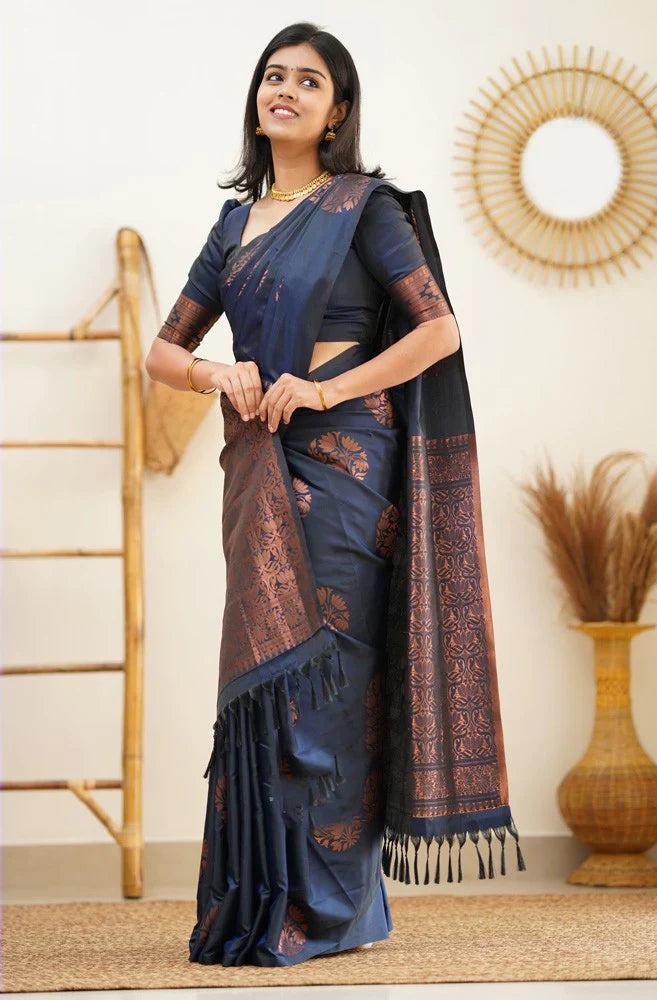 Panache Navy Blue Soft Silk Saree With Engaging Blouse Piece