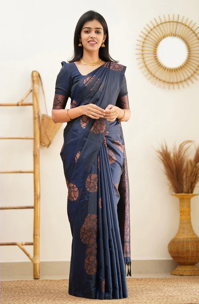 Panache Navy Blue Soft Silk Saree With Engaging Blouse Piece