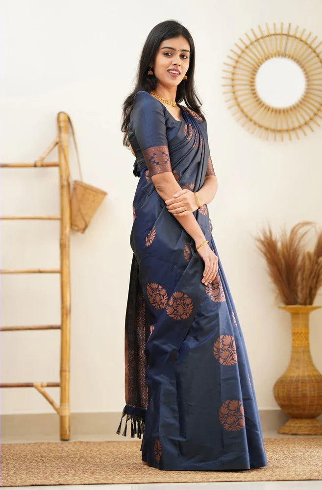 Panache Navy Blue Soft Silk Saree With Engaging Blouse Piece