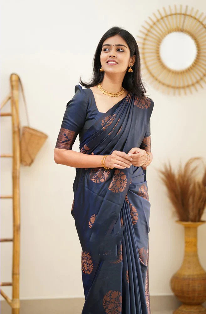 Panache Navy Blue Soft Silk Saree With Engaging Blouse Piece