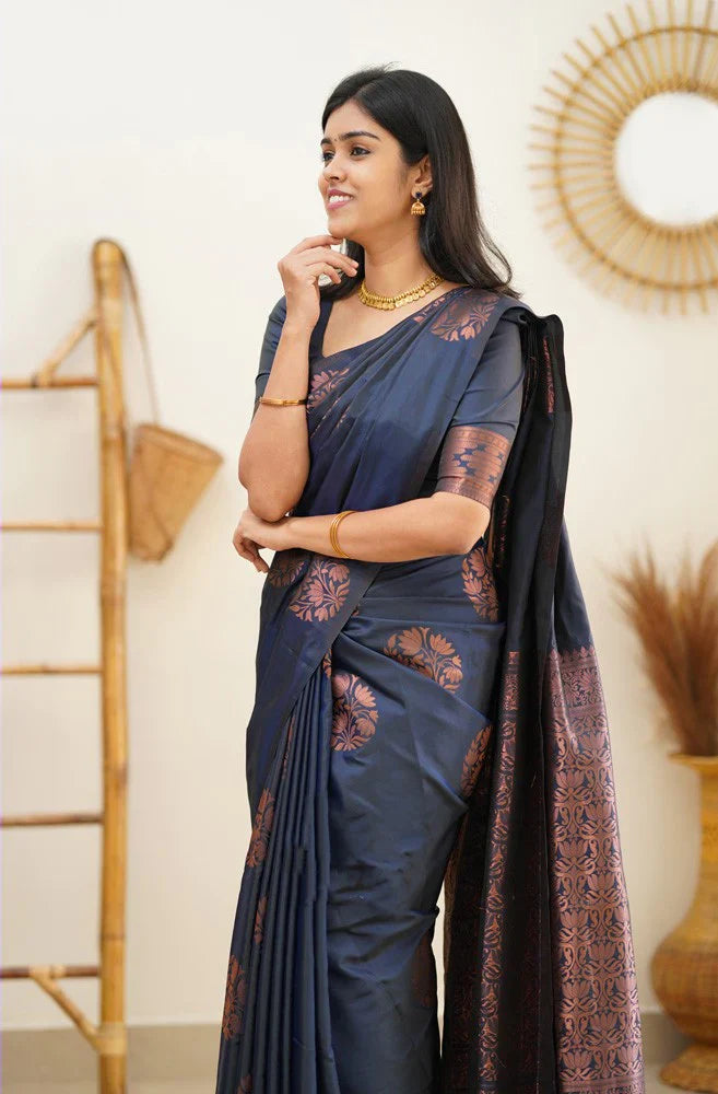 Panache Navy Blue Soft Silk Saree With Engaging Blouse Piece