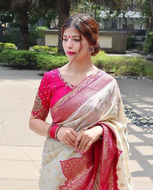 Cynosure Beige Soft Silk Saree With Divine Blouse Piece