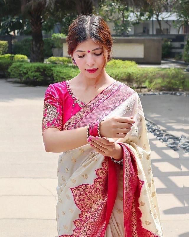 Cynosure Beige Soft Silk Saree With Divine Blouse Piece