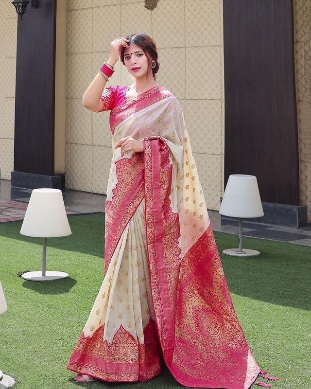 Cynosure Beige Soft Silk Saree With Divine Blouse Piece