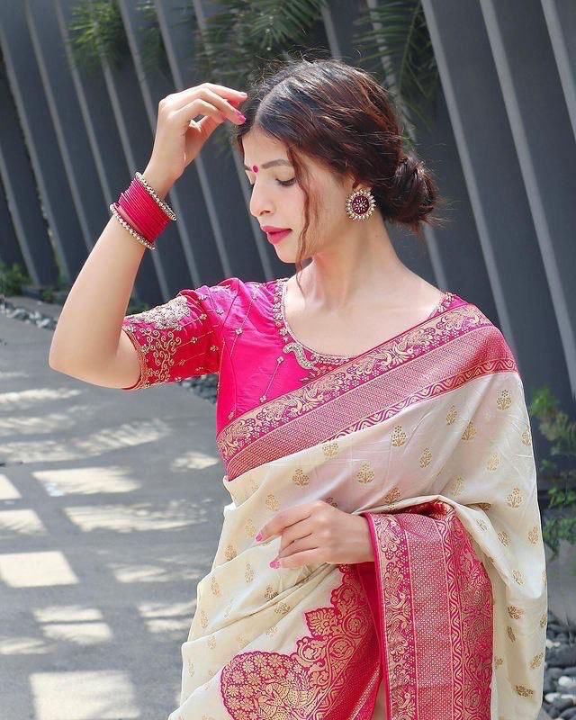 Cynosure Beige Soft Silk Saree With Divine Blouse Piece