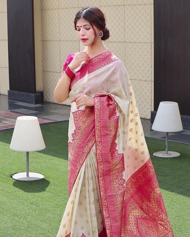 Cynosure Beige Soft Silk Saree With Divine Blouse Piece