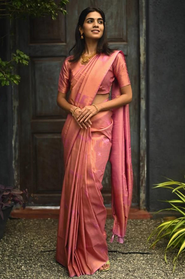 Adorable Pink Soft Silk Saree With Snazzy Blouse Piece