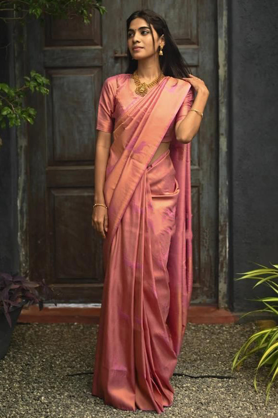 Adorable Pink Soft Silk Saree With Snazzy Blouse Piece