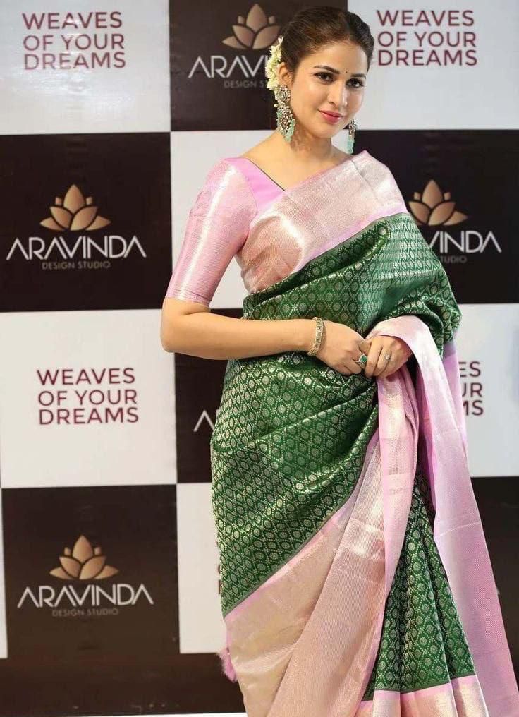 Bucolic Dark Green Soft Silk Saree With Redolent Blouse Piece