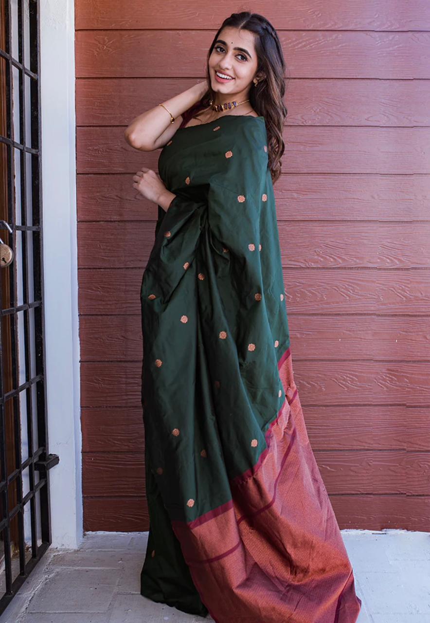 Beleaguer Dark Green Soft Silk Saree With Staggering Blouse Piece