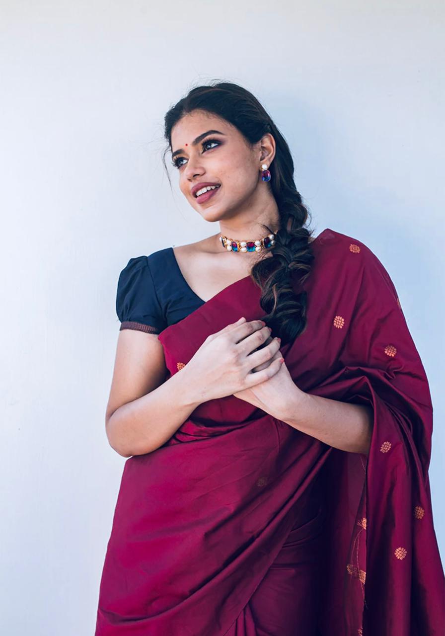 Ailurophile Wine Soft Silk Saree With Amiable Blouse Piece