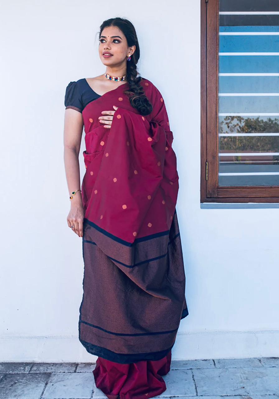 Ailurophile Wine Soft Silk Saree With Amiable Blouse Piece