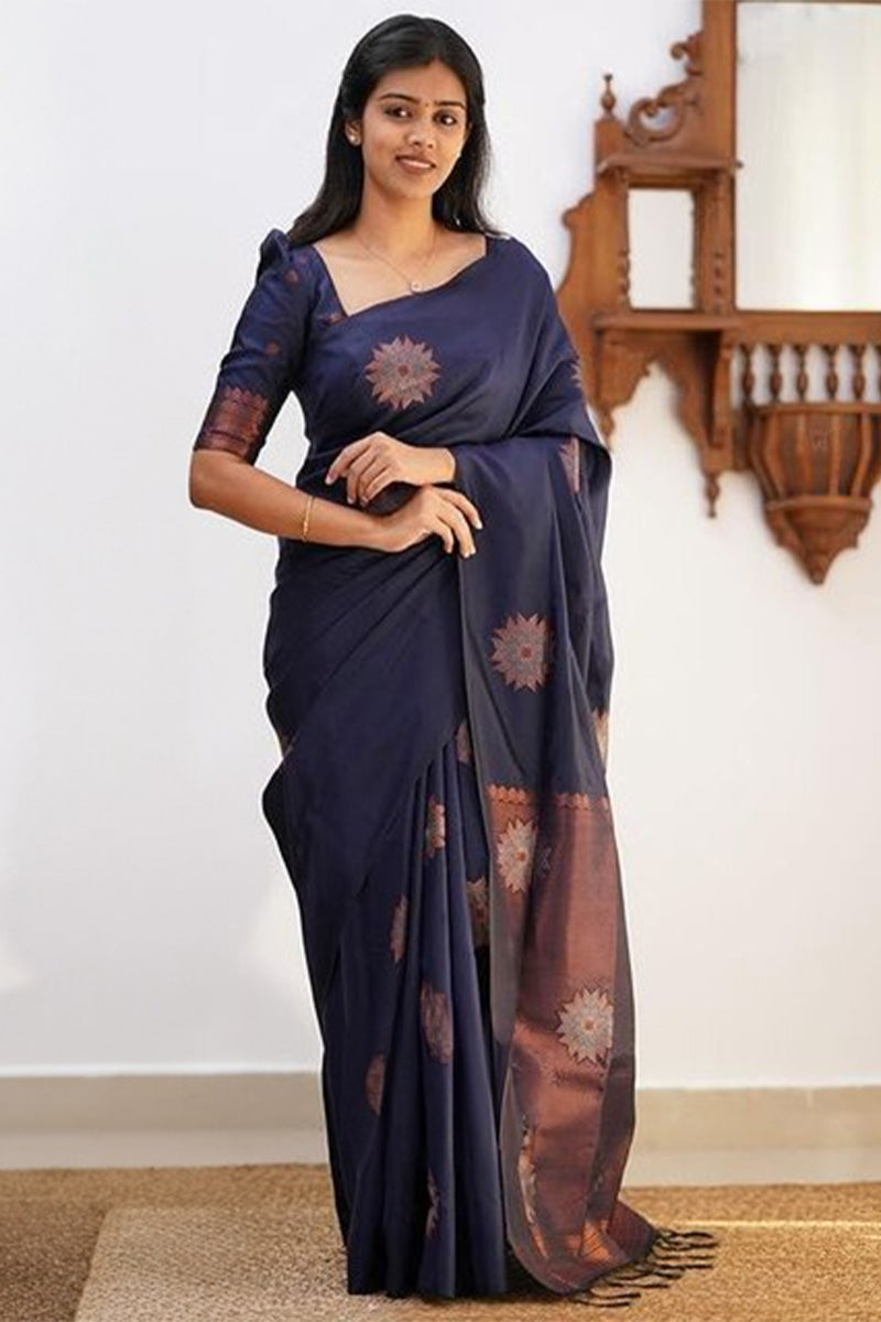 Demanding Navy Blue Soft Silk Saree With Energetic Blouse Piece
