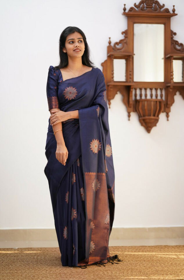 Demanding Navy Blue Soft Silk Saree With Energetic Blouse Piece