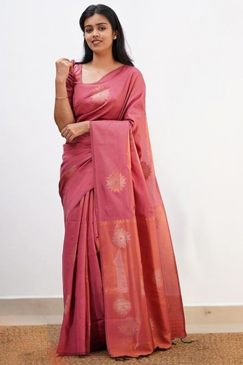 Girlish Pink Soft Silk Saree With Skinny Blouse Piece