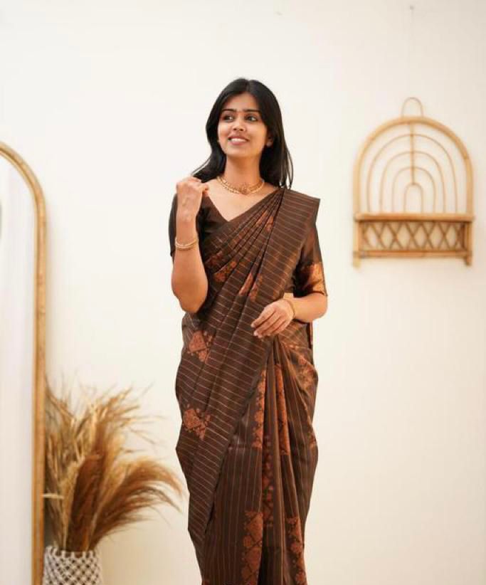 Capricious Brown Soft Silk Saree With Elegant Blouse Piece