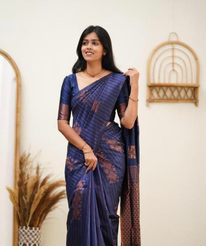 Stylish Navy Blue Soft Silk Saree With Sophisticated Blouse Piece