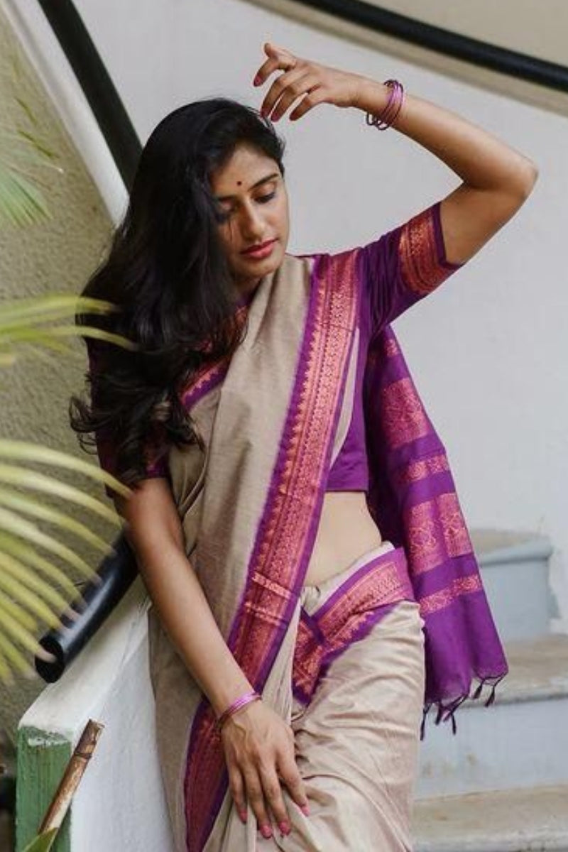 Magnetic Beige Soft Silk Saree With Whimsical Blouse Piece