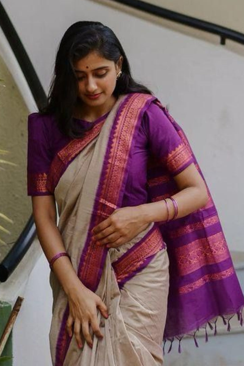 Magnetic Beige Soft Silk Saree With Whimsical Blouse Piece