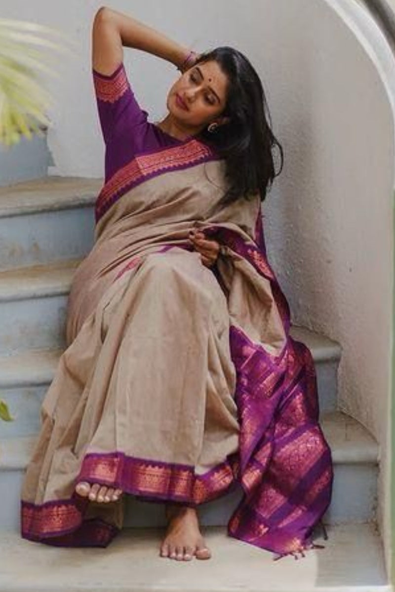 Magnetic Beige Soft Silk Saree With Whimsical Blouse Piece