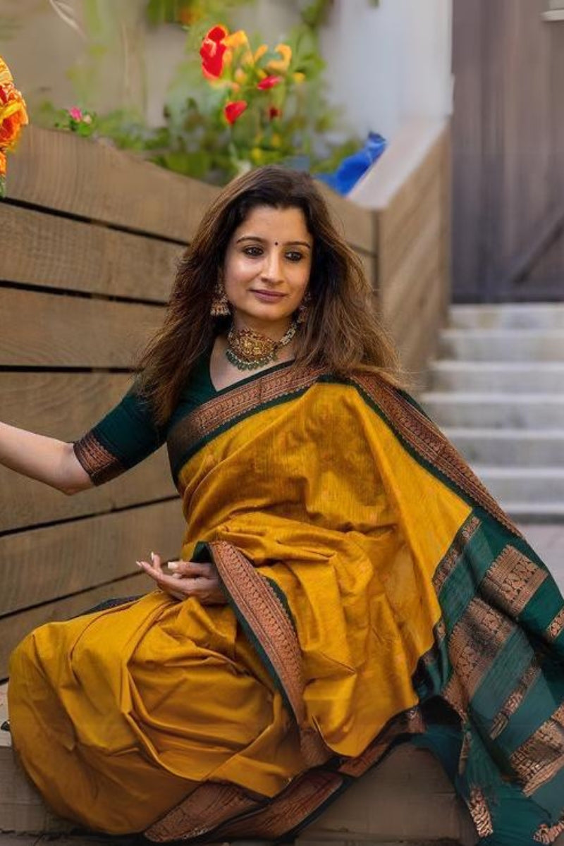 Delectable Mustard Soft Silk Saree With Embellished Blouse Piece