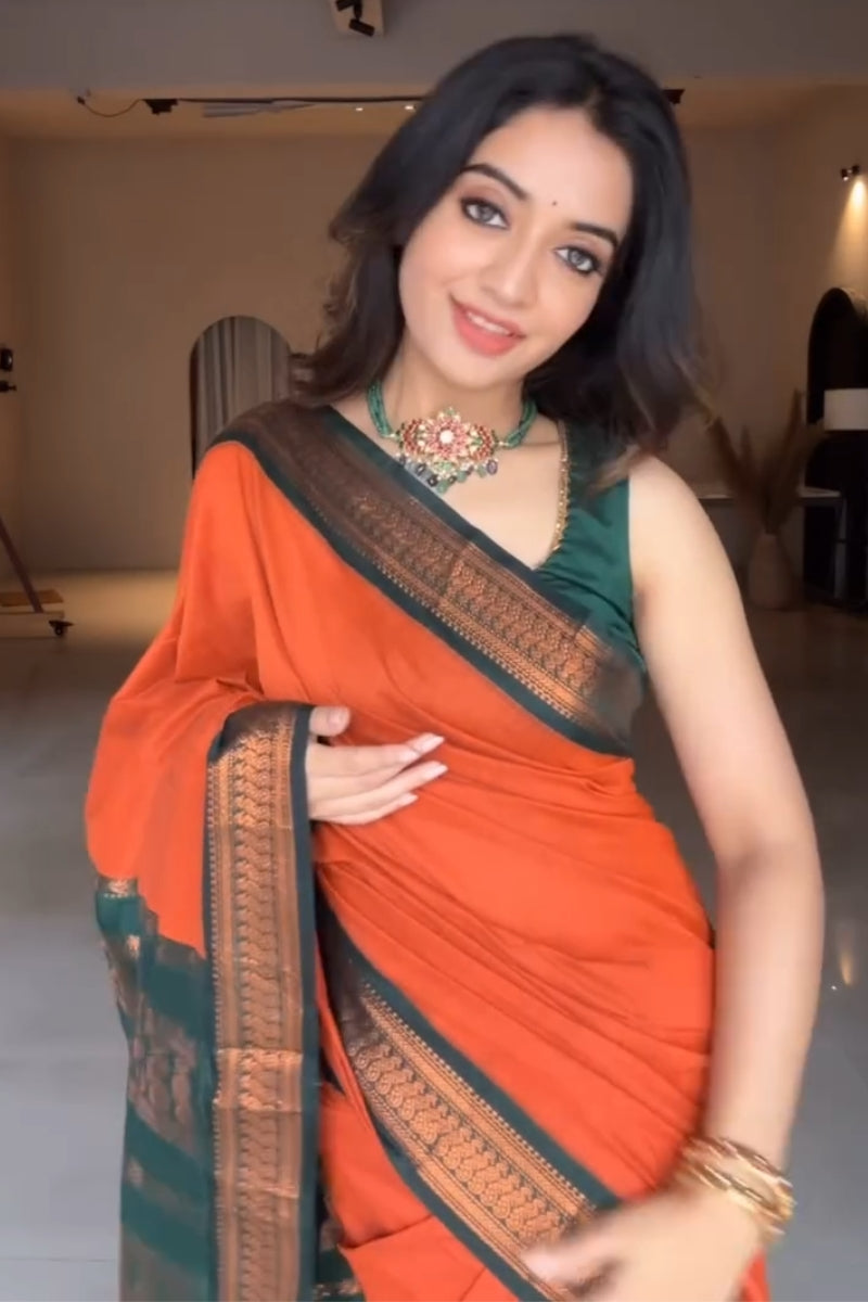 Capricious Orange Soft Silk Saree With Invaluable Blouse Piece