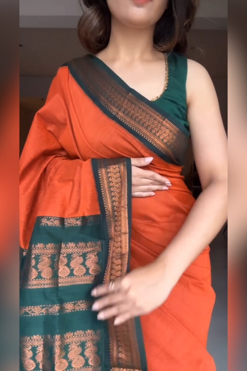 Capricious Orange Soft Silk Saree With Invaluable Blouse Piece