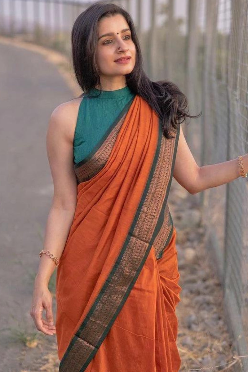 Woebegone Orange Soft Silk Saree With Nectarous Blouse Piece
