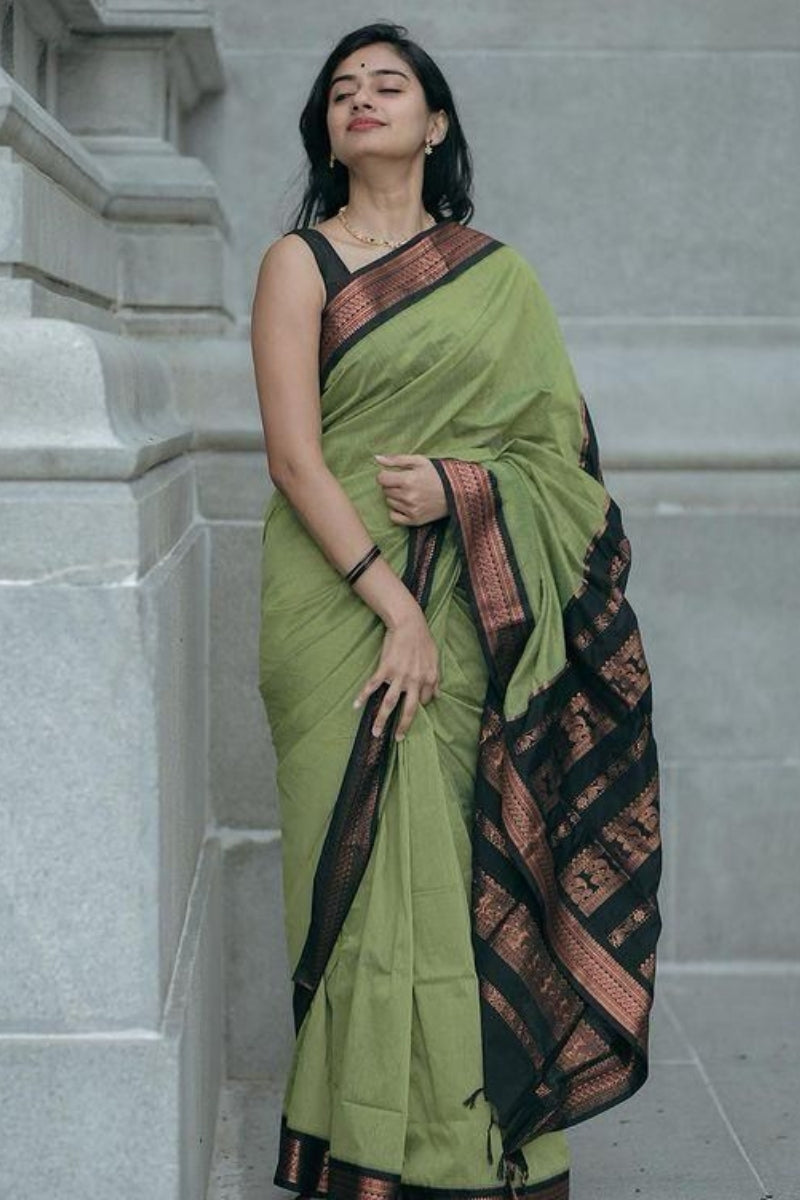 Vestigial Pista Soft Silk Saree With Ravishing Blouse Piece