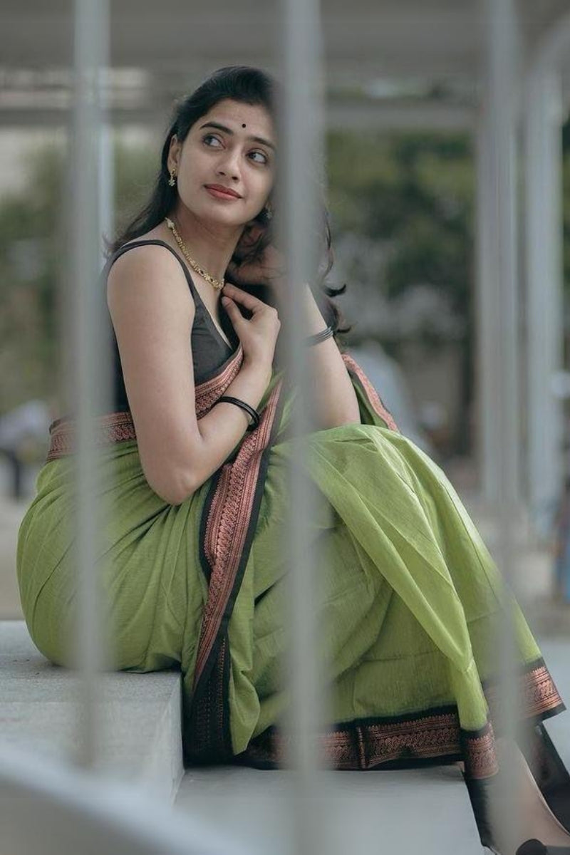 Vestigial Pista Soft Silk Saree With Ravishing Blouse Piece