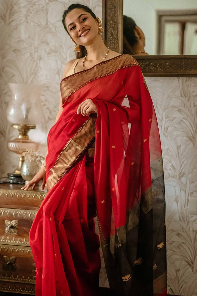 Scarlet Red Maheshawari Cotton Silk Saree