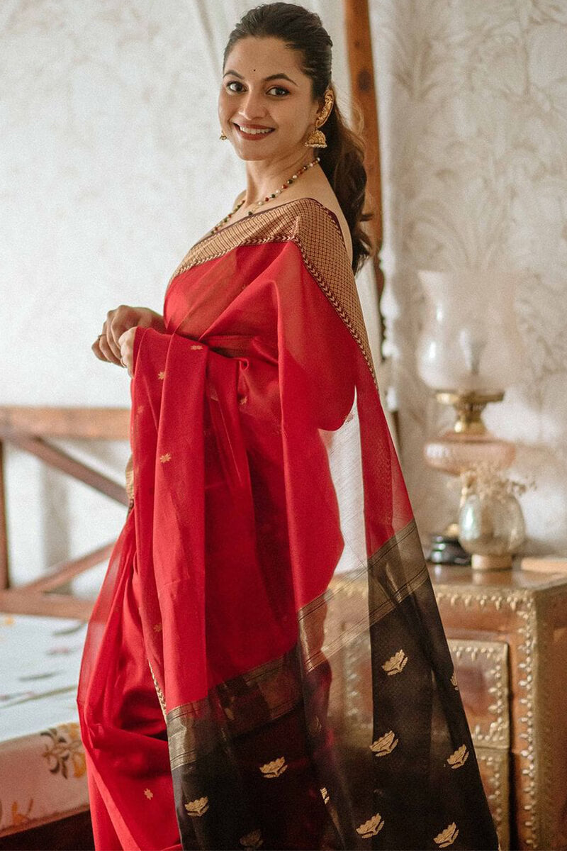 Scarlet Red Maheshawari Cotton Silk Saree