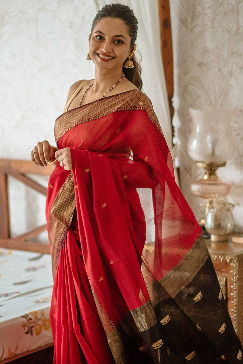 Scarlet Red Maheshawari Cotton Silk Saree