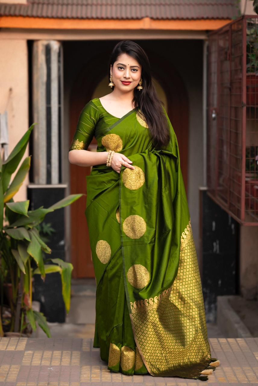 Palimpsest Green Soft Silk Saree With Sophisticated Blouse Piece