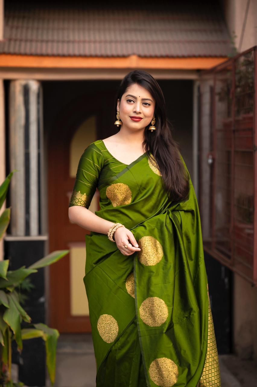 Palimpsest Green Soft Silk Saree With Sophisticated Blouse Piece