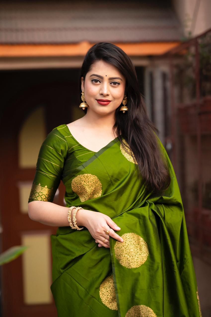 Palimpsest Green Soft Silk Saree With Sophisticated Blouse Piece