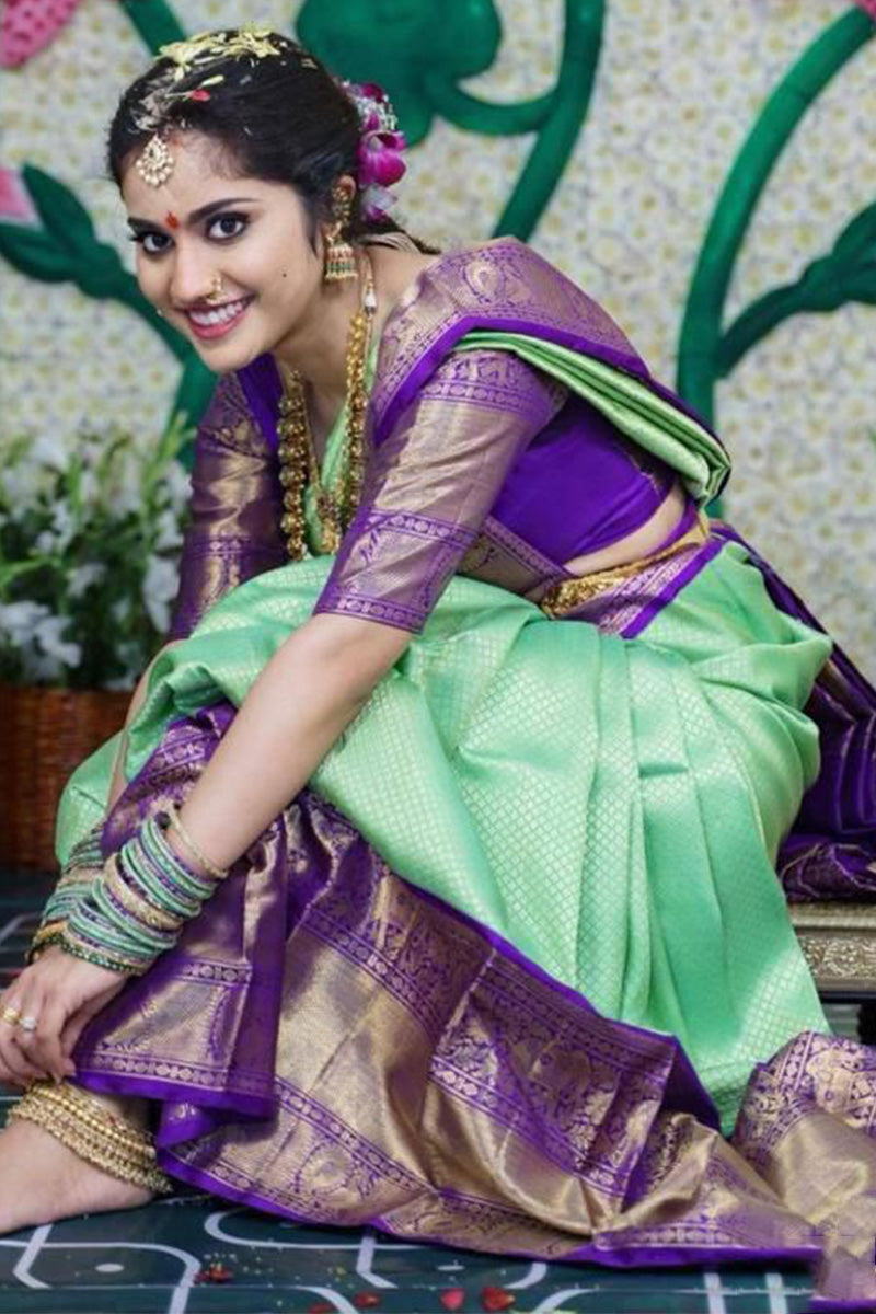 Ratatouille Sea Green Soft Silk Saree With Epiphany Blouse Piece