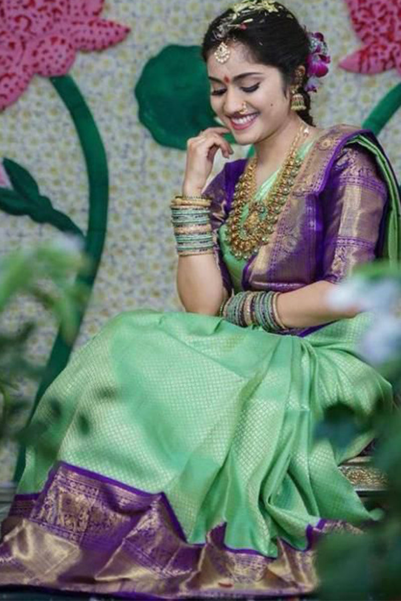 Ratatouille Sea Green Soft Silk Saree With Epiphany Blouse Piece