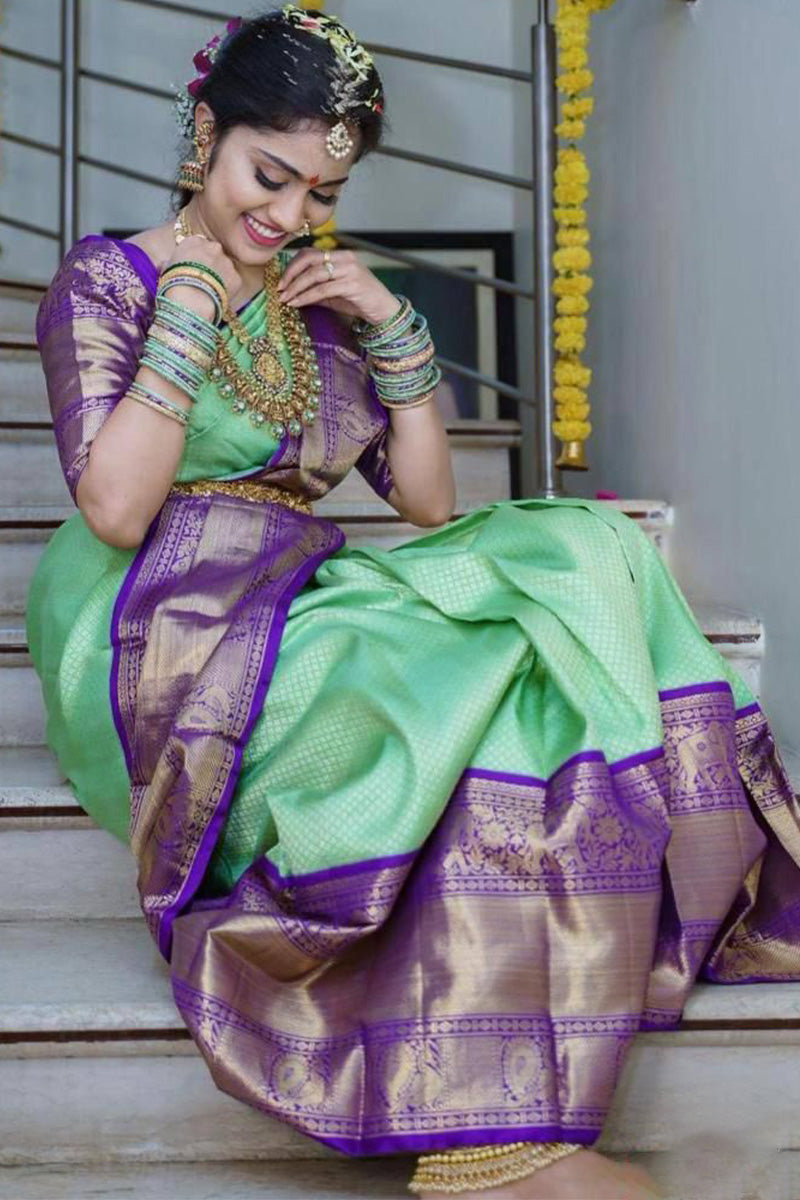 Ratatouille Sea Green Soft Silk Saree With Epiphany Blouse Piece