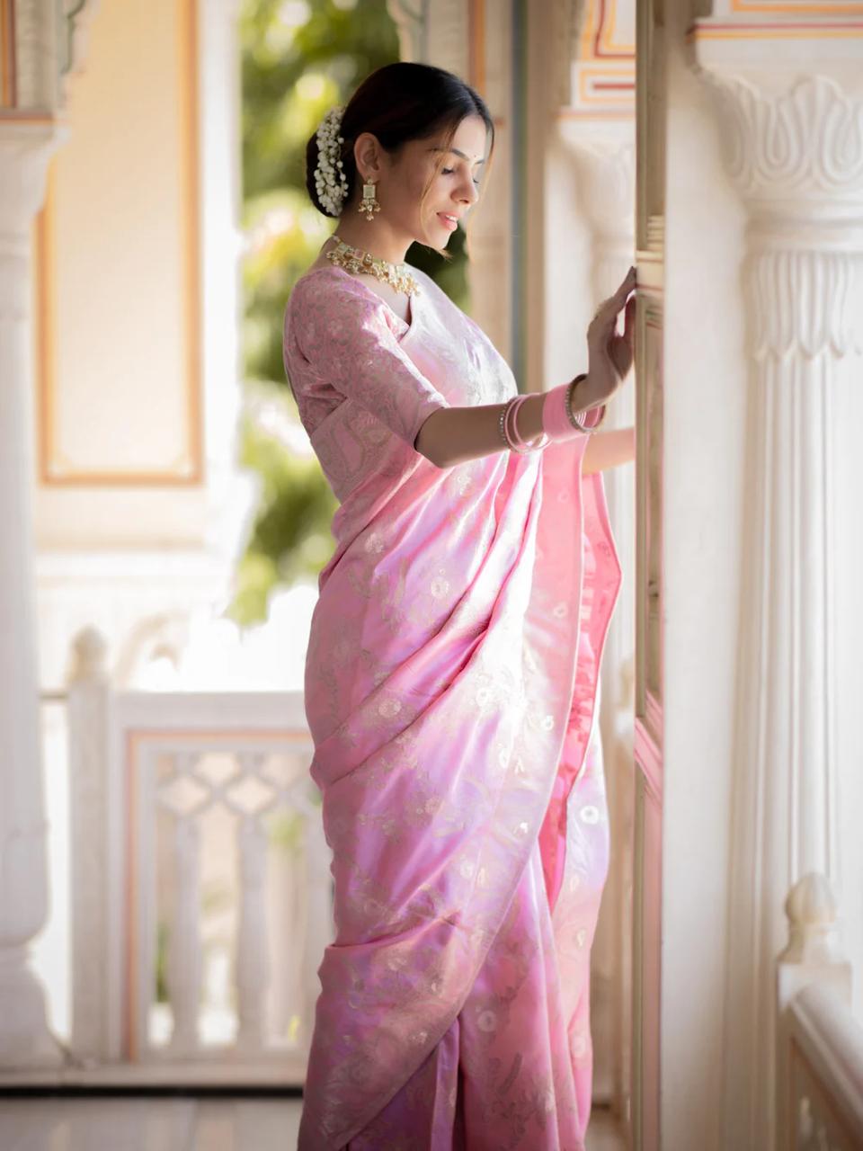 Verdant Baby Pink Pink Soft Silk Saree With Snazzy Blouse Piece