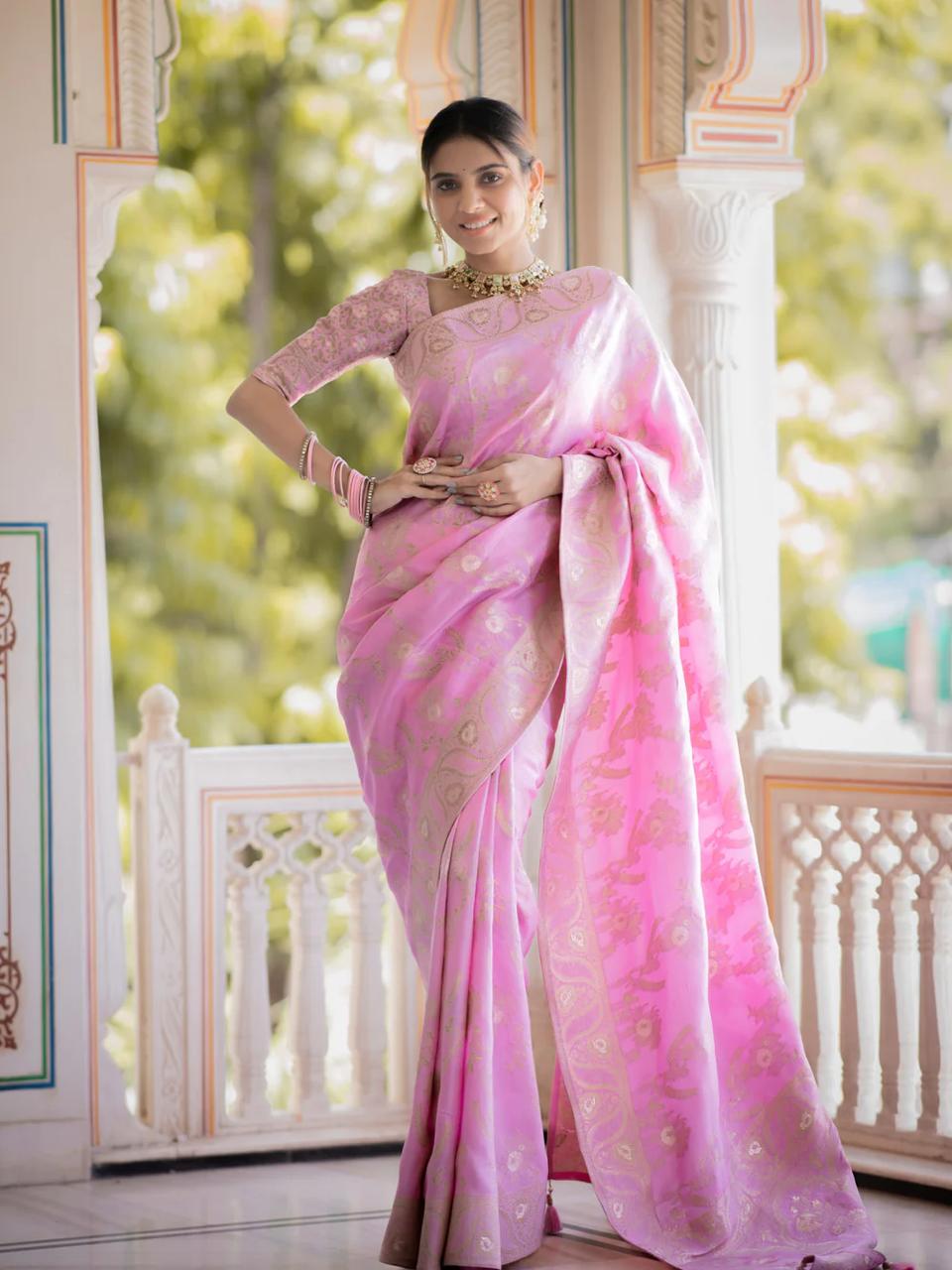 Verdant Baby Pink Pink Soft Silk Saree With Snazzy Blouse Piece