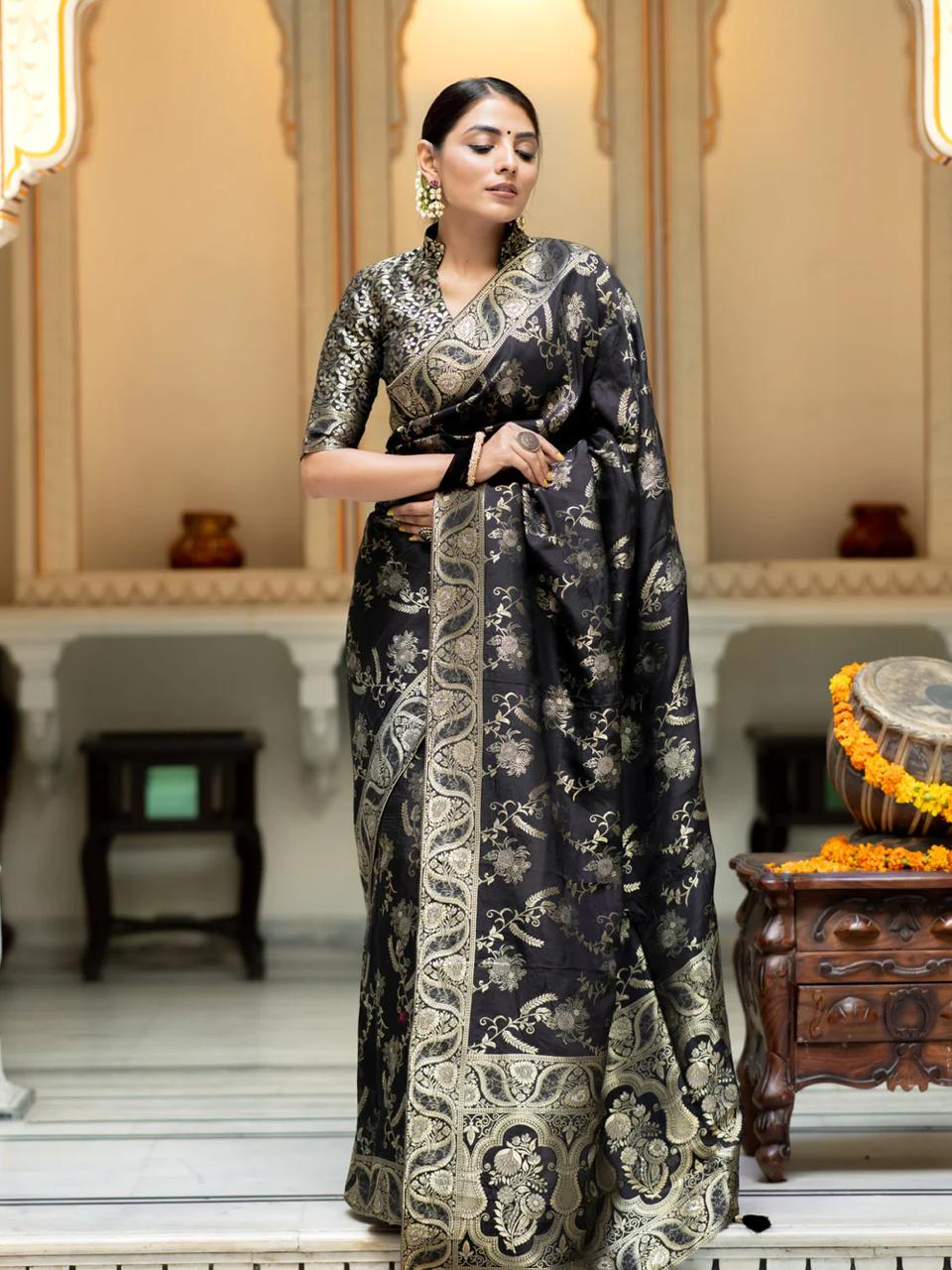 Mellifluous Black Soft Silk Saree With Angelic Blouse Piece