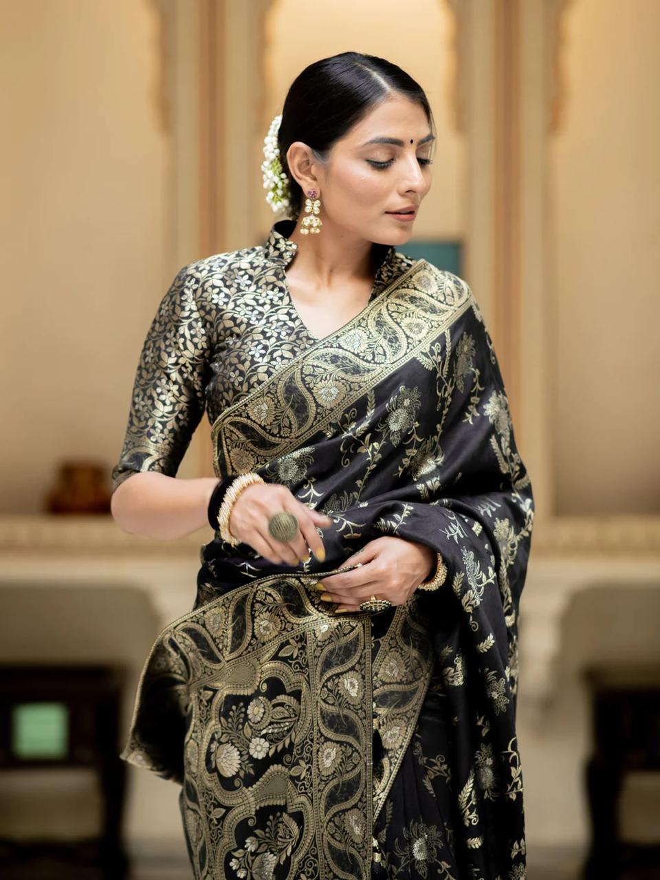 Mellifluous Black Soft Silk Saree With Angelic Blouse Piece