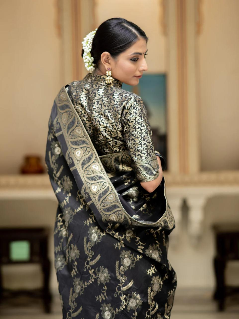 Mellifluous Black Soft Silk Saree With Angelic Blouse Piece