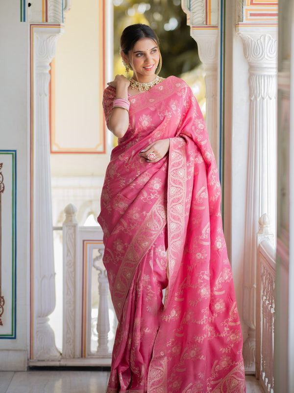 Enamoring Pink Soft Silk Saree With Innovative Blouse Piece