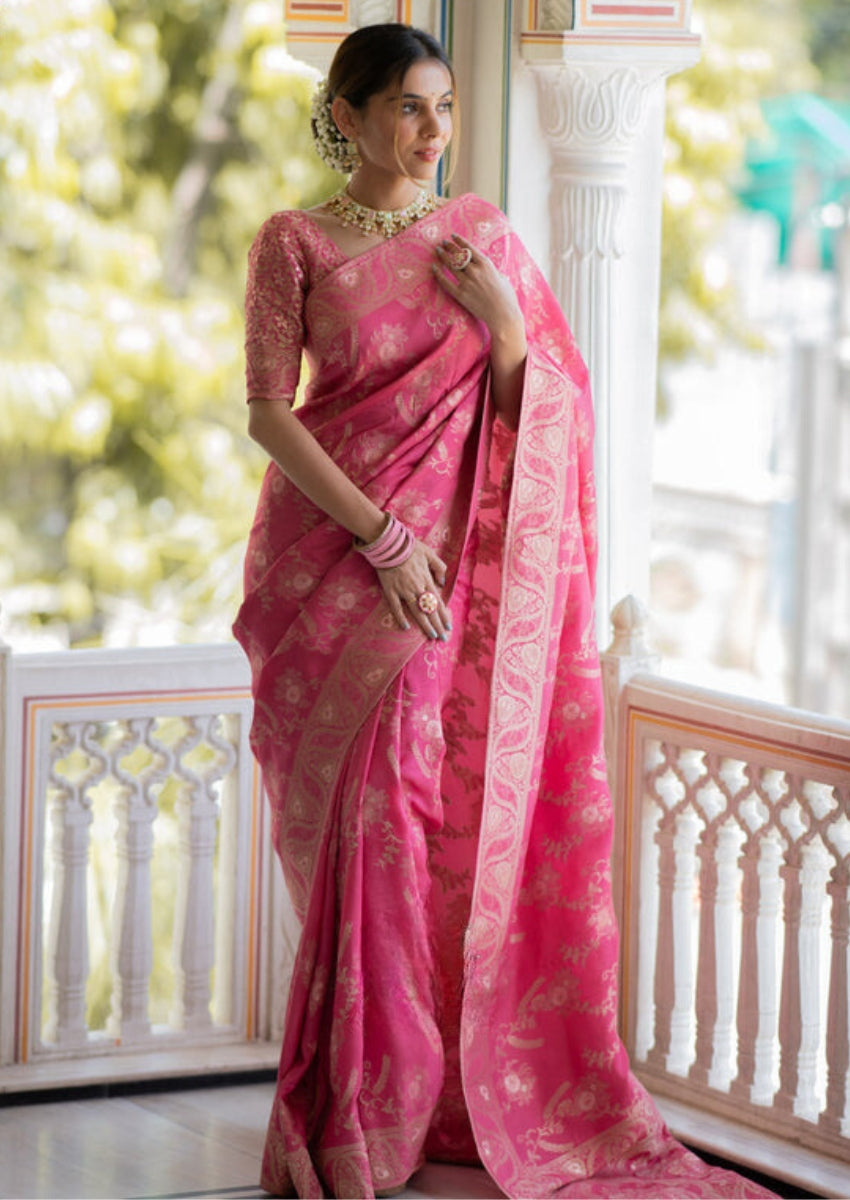 Enamoring Pink Soft Silk Saree With Innovative Blouse Piece