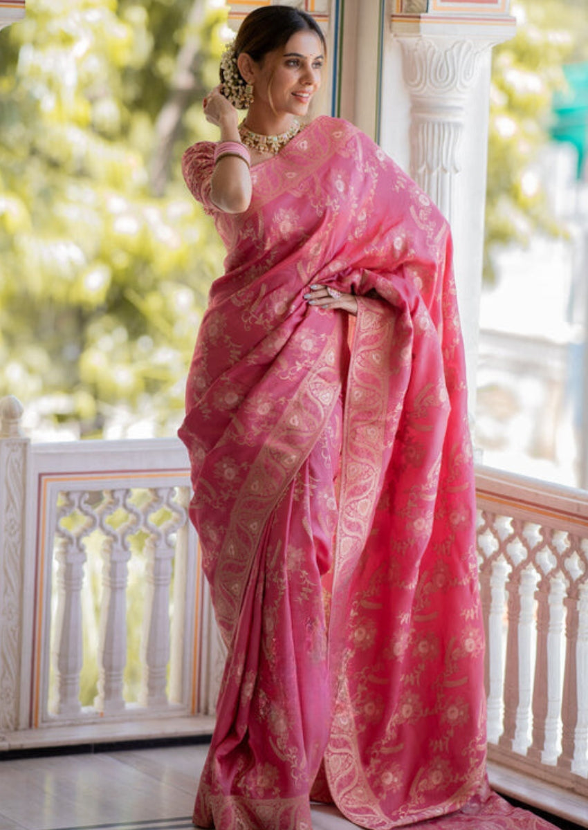Enamoring Pink Soft Silk Saree With Innovative Blouse Piece