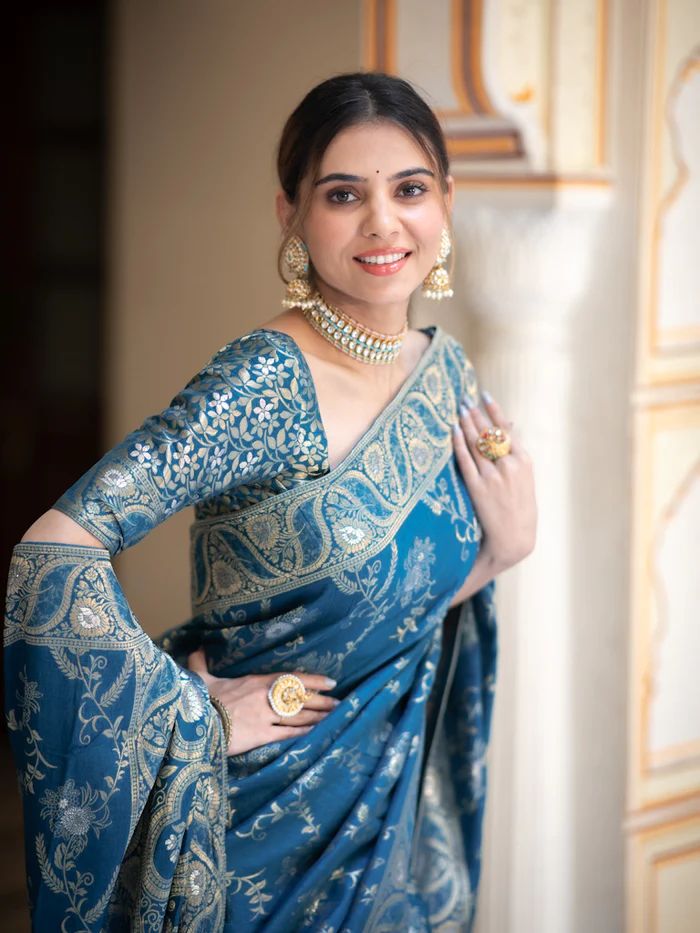 Nectarous Rama Soft Silk Saree With Embrocation Blouse Piece