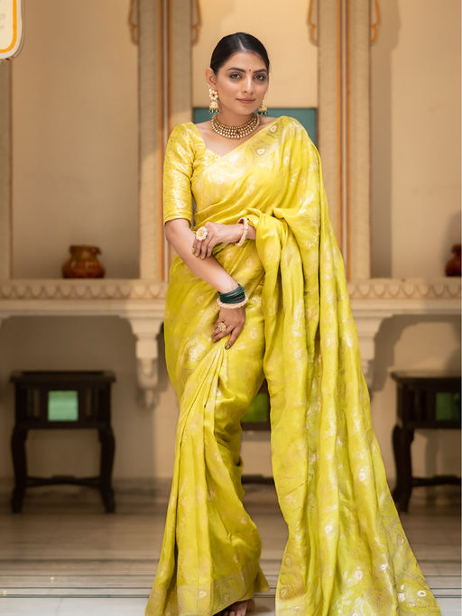 Exemplary Yellow Soft Silk Saree With Sensational Blouse Piece